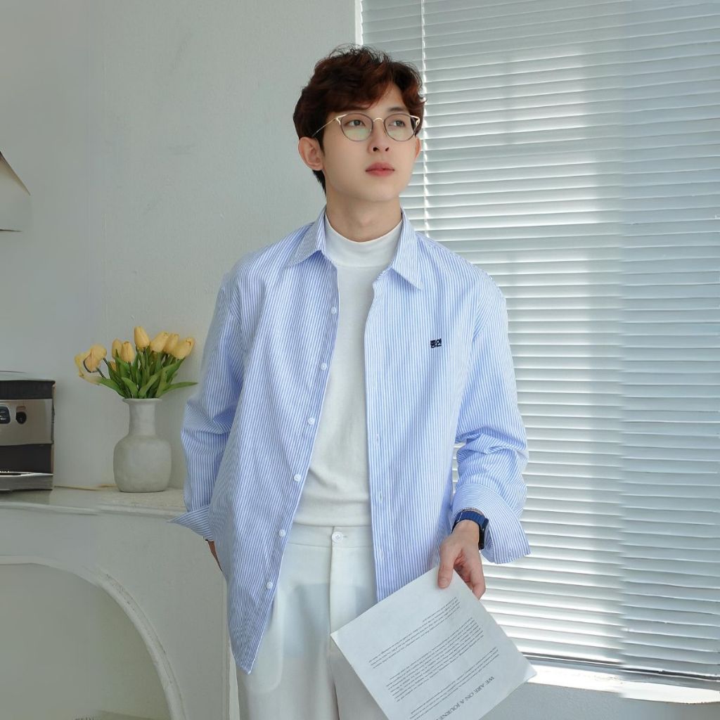 Áo Sơ Mi Nam Hàn Quốc Kẻ Sọc Thương Hiệu MANDO,Áo Sơ Mi Form Rộng Dài Tay Chất Liệu Cotton Thoáng Mát -SHT027