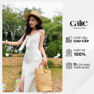 Váy midi 2 dây buộc nơ trước ngực xẻ tà Calie VM101