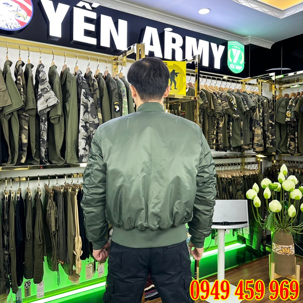 Áo Khoác Pilot Bomber Lính Nam Trơn Chần Bông Màu Xanh Rêu / Đen - Mã MA-1