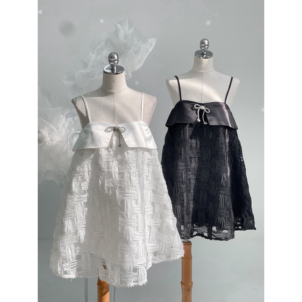 Đầm 2 dây nữ VMSTYLE dáng babydoll đính nơ giữa bảng ngực hoa ren sang trọng đi tiệc, đi đám cưới 08703 - VDU00462