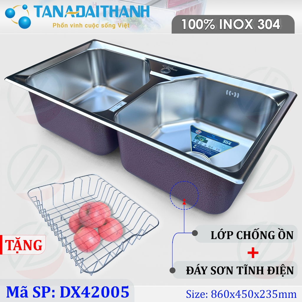 Chậu Rửa Chén Bát Tân Á Đại Thành Inox SUS304 Loại 2 Hộc Nhiều Kích Thước - Đáy chậu sơn tĩnh điện, cao su chống ồn