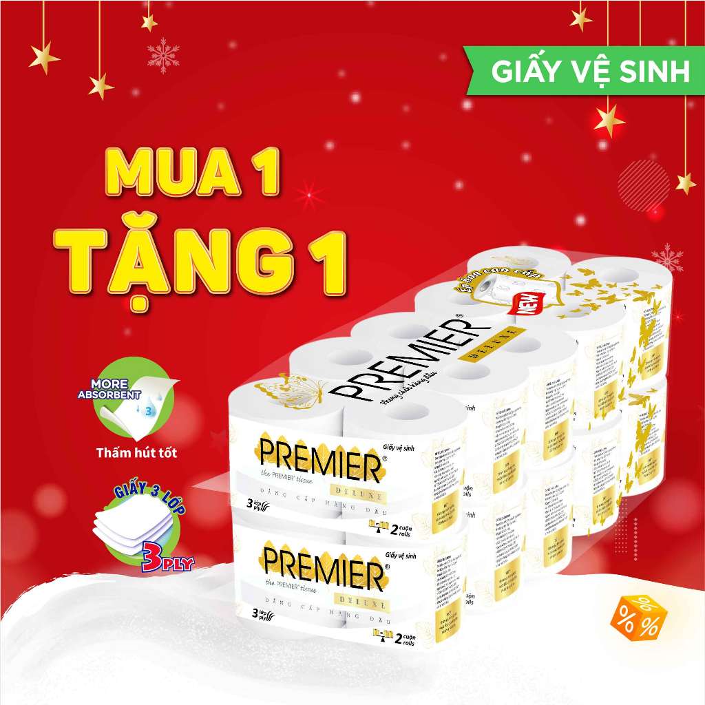 Giấy Vệ Sinh Premier Deluxe đóng cặp (10 cuộn/bịch) - Mua 1 tặng 1