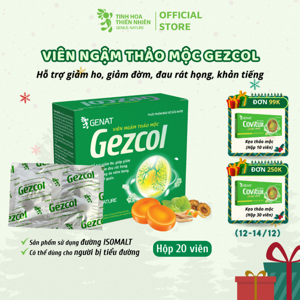 Viên ngậm thảo mộc Gezcol (Hộp 20 viên) Hỗ trợ giảm ho, giảm đờm, giảm đau rát họng, khản tiếng - Genat