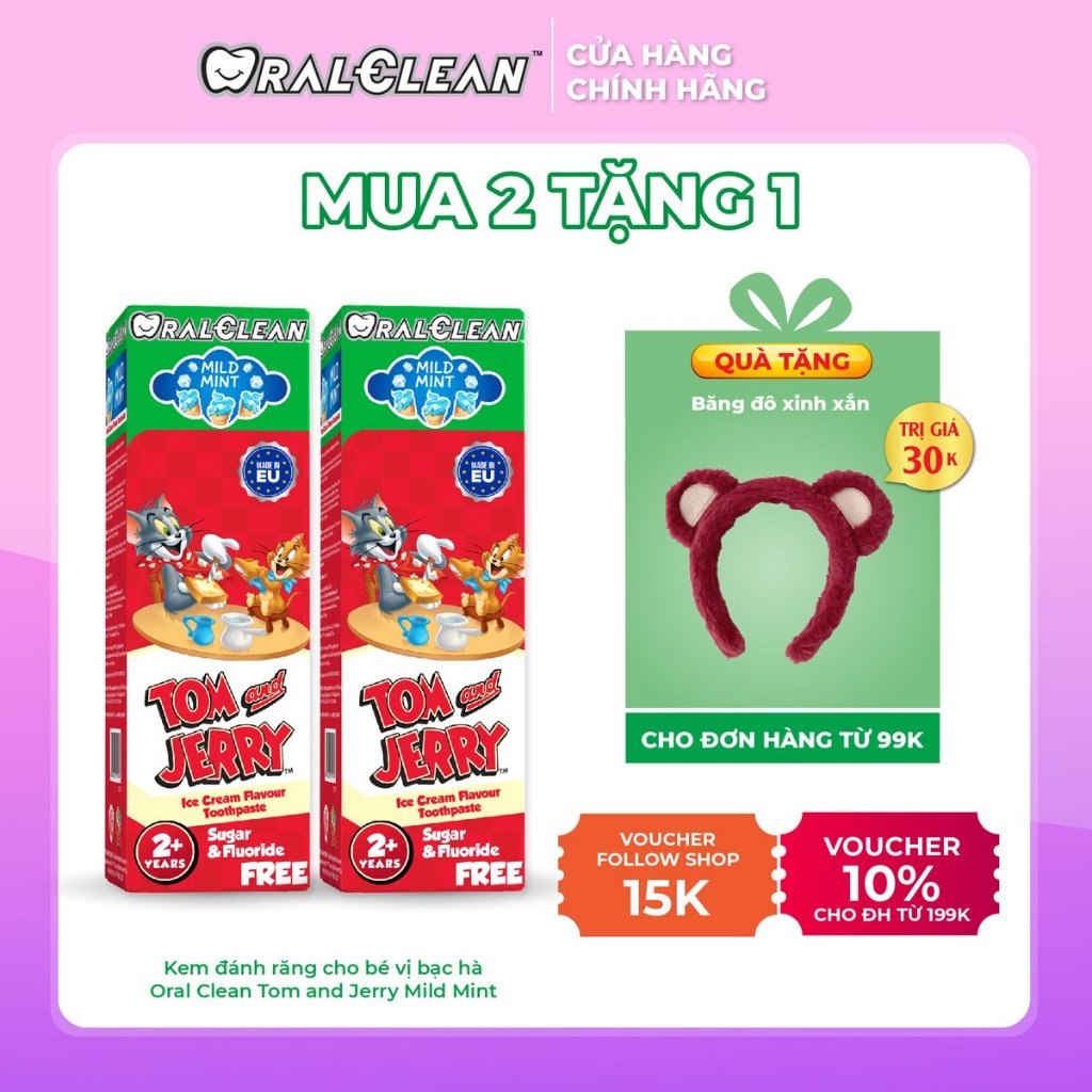 Combo 2 Kem đánh răng cho bé vị bạc hà Oral Clean Tom and Jerry Mild Mint 75ml