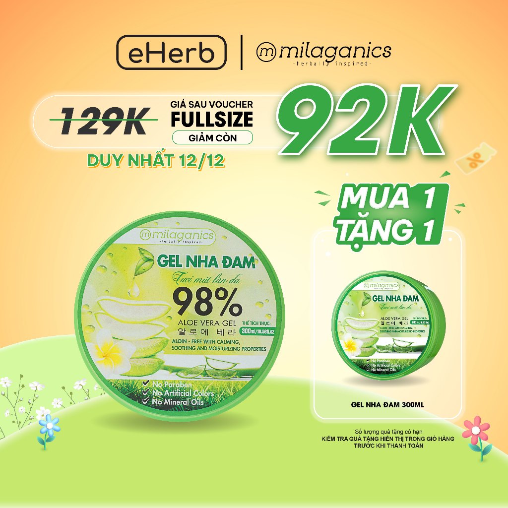 Gel nha đam dưỡng da & cấp ẩm 98% MILAGANICS phù hợp với da khô, nhạy cảm 300ml (hũ)