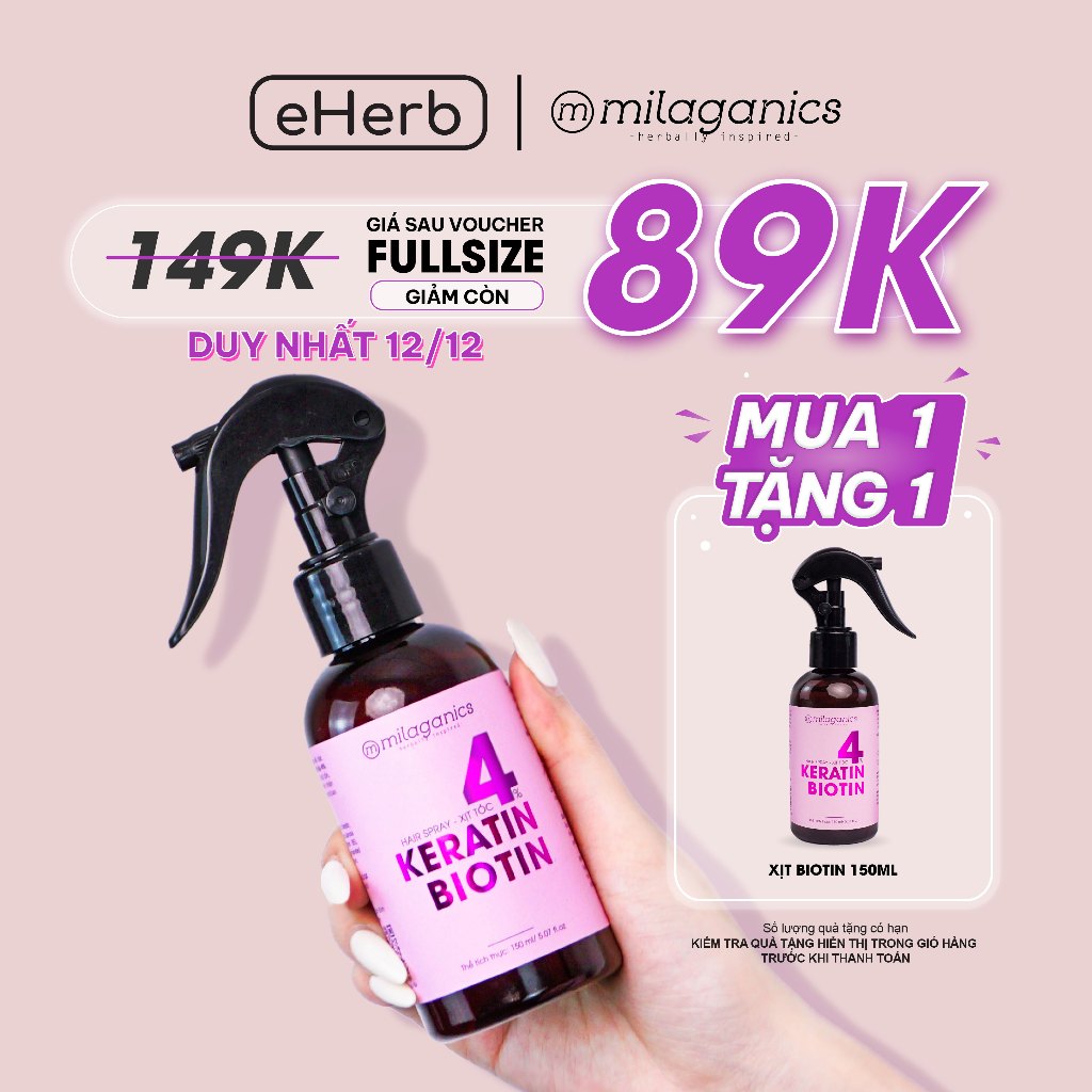 Xịt mọc tóc biotin & keratin 4% siêu tăng cường mọc tóc, làm dày tóc sau 3 tuần MILAGANICS 150ml (chai)