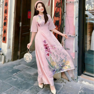ÁO DÀI HỒNG TAY LỠ HỌA TIẾT HOA LÁ CAO CẤP ( KÈM QUẦN )
