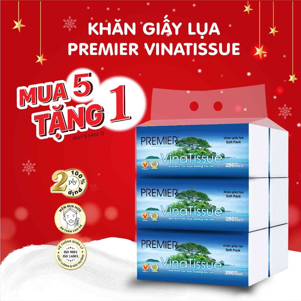 Khăn giấy lụa Premier Vinatissue 280 tờ - Mua 5 gói tặng 1 gói