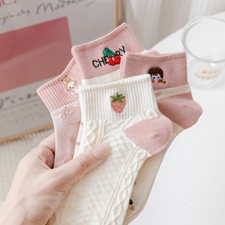 Vớ tất cổ trung thêu icon dâu cherry hồng trắng