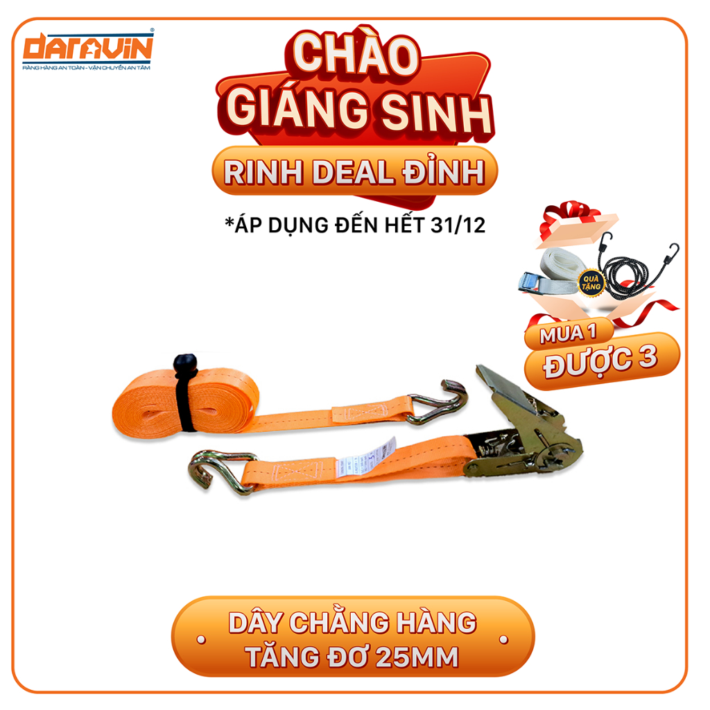 Dây Cảo Chằng Hàng Tăng Đơ DARAVIN Bản 25mm Tải 1 Tấn Móc J Với Chất Liệu 100% Polyester DCHDNJ9