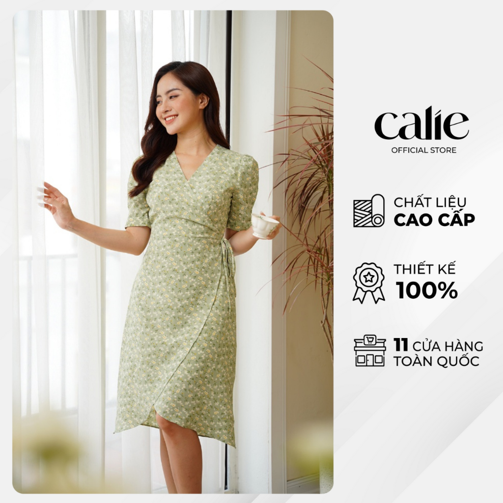 Váy nữ họa tiết hoa cổ V vạt chéo nữ tính CALIE VM041