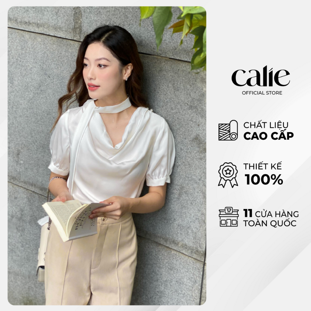 Áo sơ mi nữ ngắn tay cổ đổ kèm dây nơ CALIE Thời Trang Thiết Kế AS263