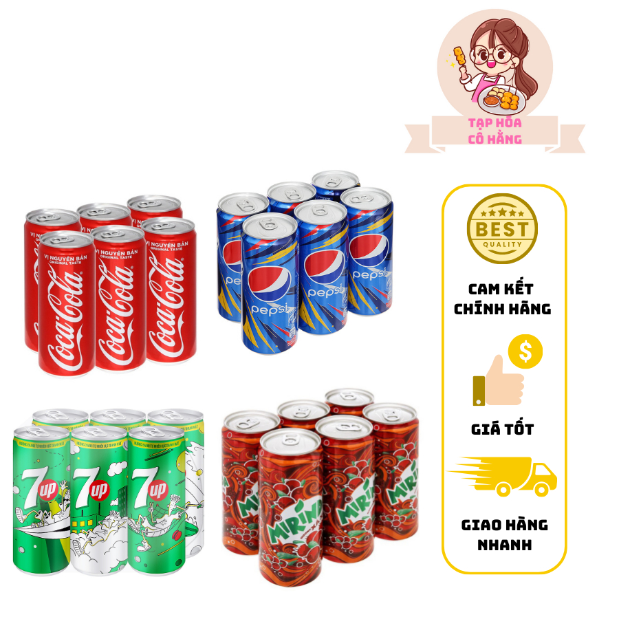 [Lốc 6 chai] Coca cocla lon, Pepsi lom, 7 up lon, Mirinda xá sị lon
