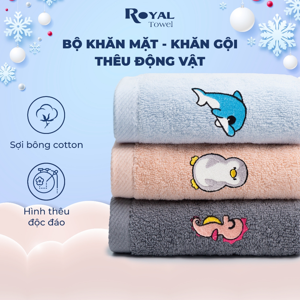 Khăn tắm khăn gội khăn mặt cotton Royal Towel thêu hình động vật dễ thương