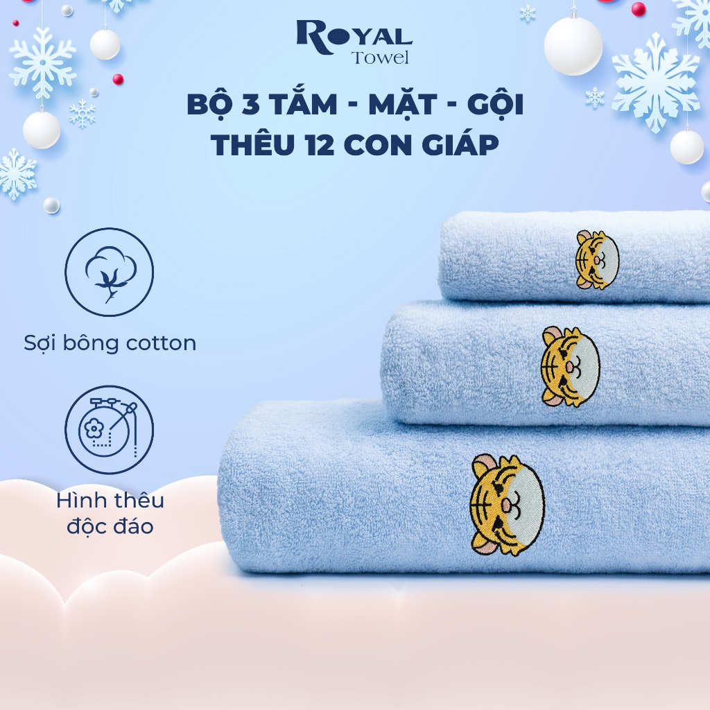 Bộ 3 gồm khăn tắm - khăn gội - khăn mặt cotton Royal Towel thêu 12 con giáp chất liệu mềm mịn cho bé, cho gia đình