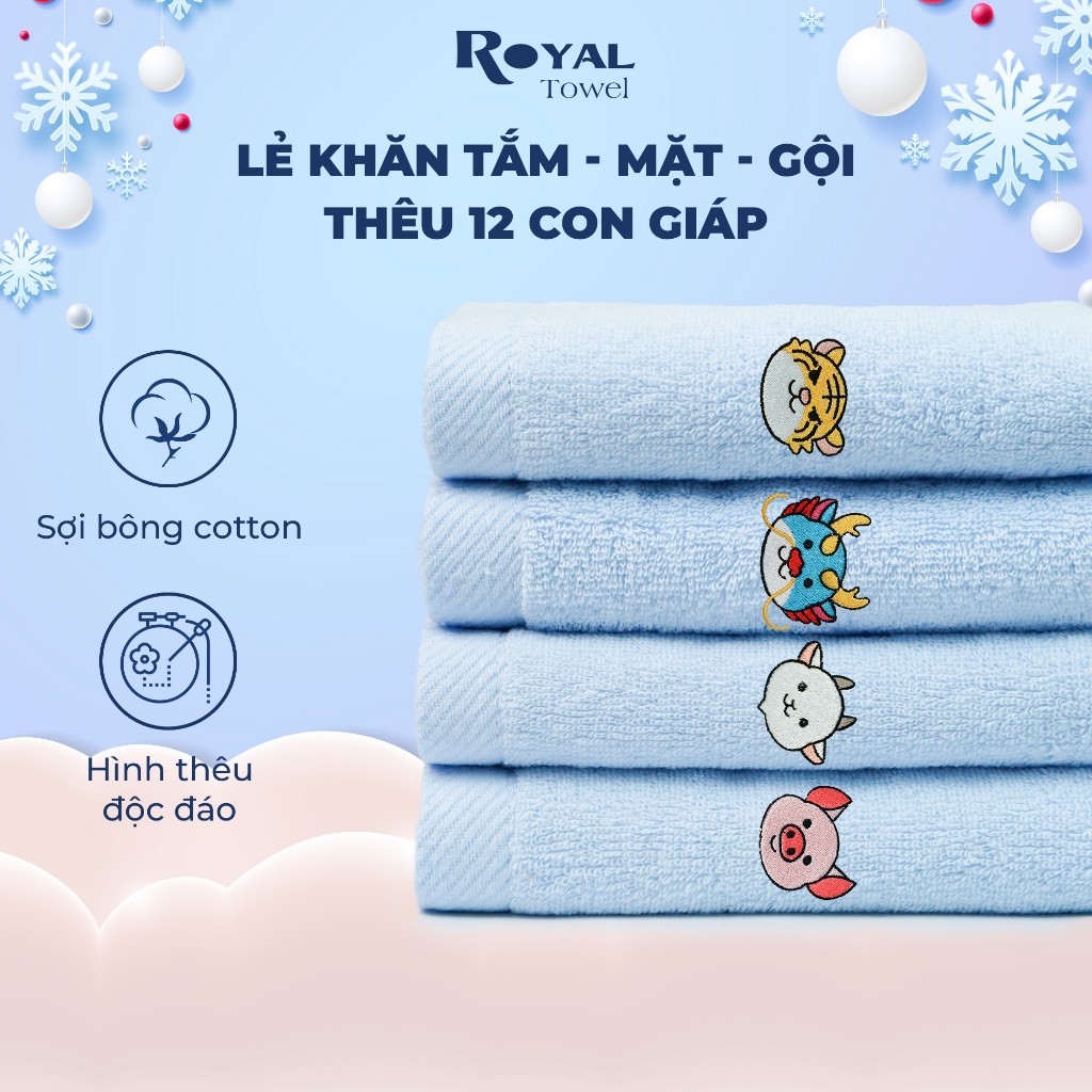 Khăn tắm khăn gội khăn mặt cotton Royal Towel thêu 12 con giáp với chất liệu mềm mịn, kháng khuẩn cho bé