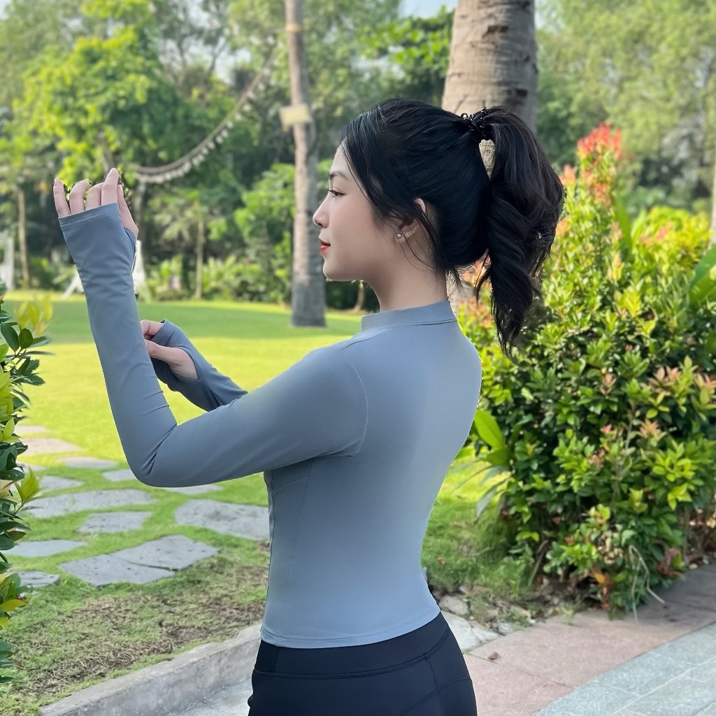 Áo tay dài khoá kéo tập gym, yoga, aerobic, thể thao nữ chất thun co giãn 4 chiều tay dài có xỏ ngón-Ao11 | BigBuy360 - bigbuy360.vn
