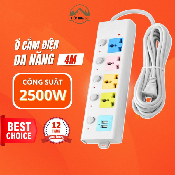 Ổ Cắm Điện USB Đa Năng Cao Cấp Chống Giật Dây Dài 4m, 2 Cổng Cắm USB Công Suất 2500W Có Chốt An Toàn Tiện Dụng