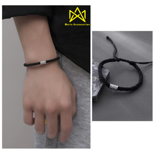 Vòng Tay Vải Nam Nữ Dây Bện Hanmade Dây Rút Mặt Hình Ống Merin Accessories màu đen - Vòng Tay Silver Pillar