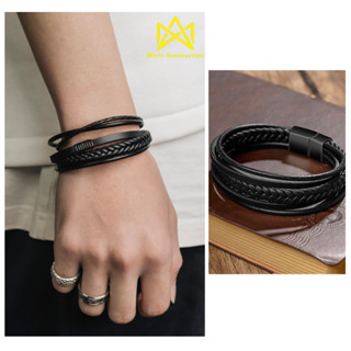 Vòng Tay Nam Lắc Tay Unisex Thời Trang Đeo Tay Nam Nữ Basic Merin Accessories Màu Bạc Đen Titan - Vòng Tay Leather