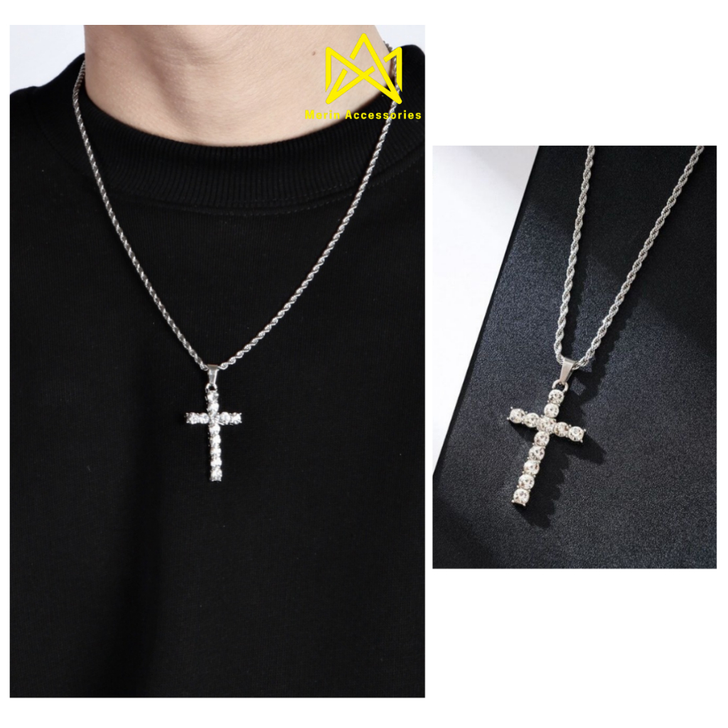Dây Chuyền Unisex Chữ Thập Đính Đá Siw Chain Thời Trang Merin Màu Bạc Vòng Cổ Chất Liệu Inox Cao Cấp Không Gỉ