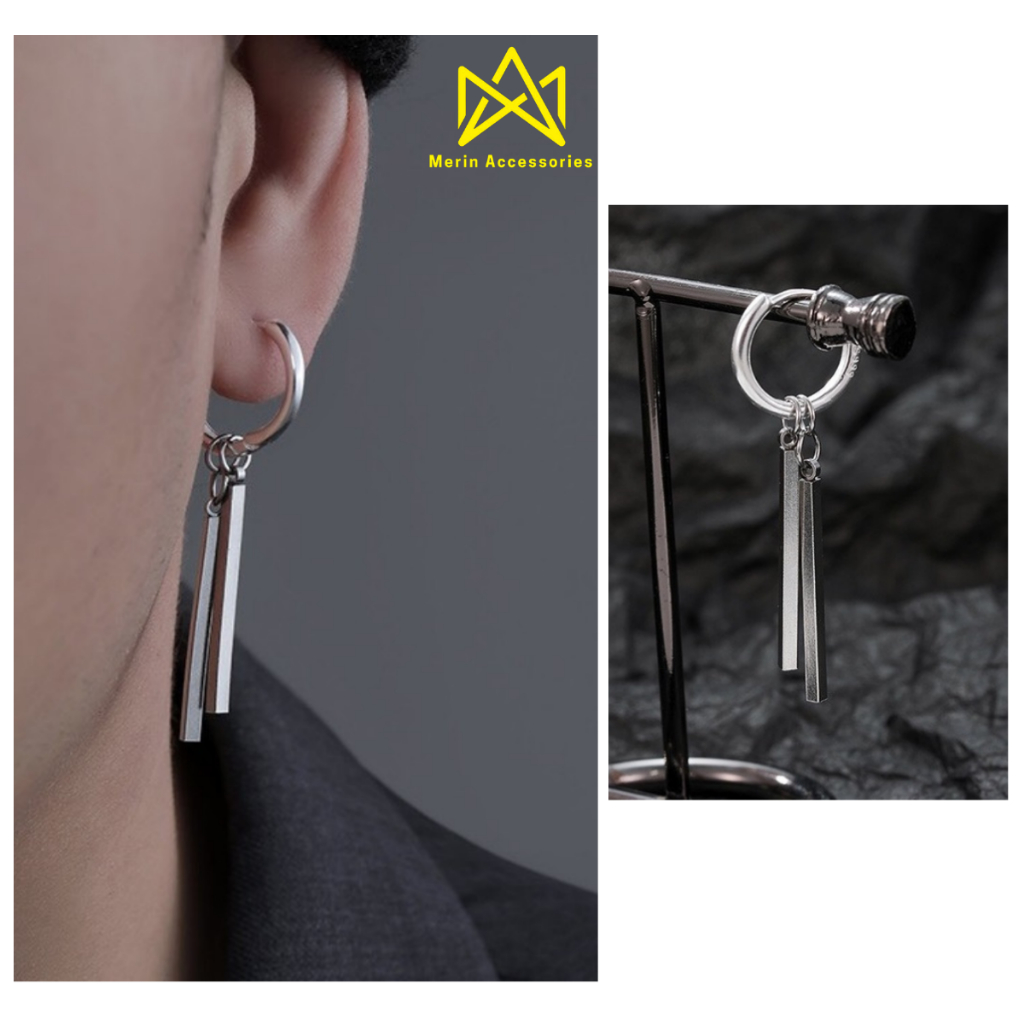 Khuyên Tai Nam Dài Tua Rua Thanh Dài Merin. Accessories Unisex Ken Màu Bạc Đẹp Cá Tính Chất - Hoa Tai Thời Trang Titan
