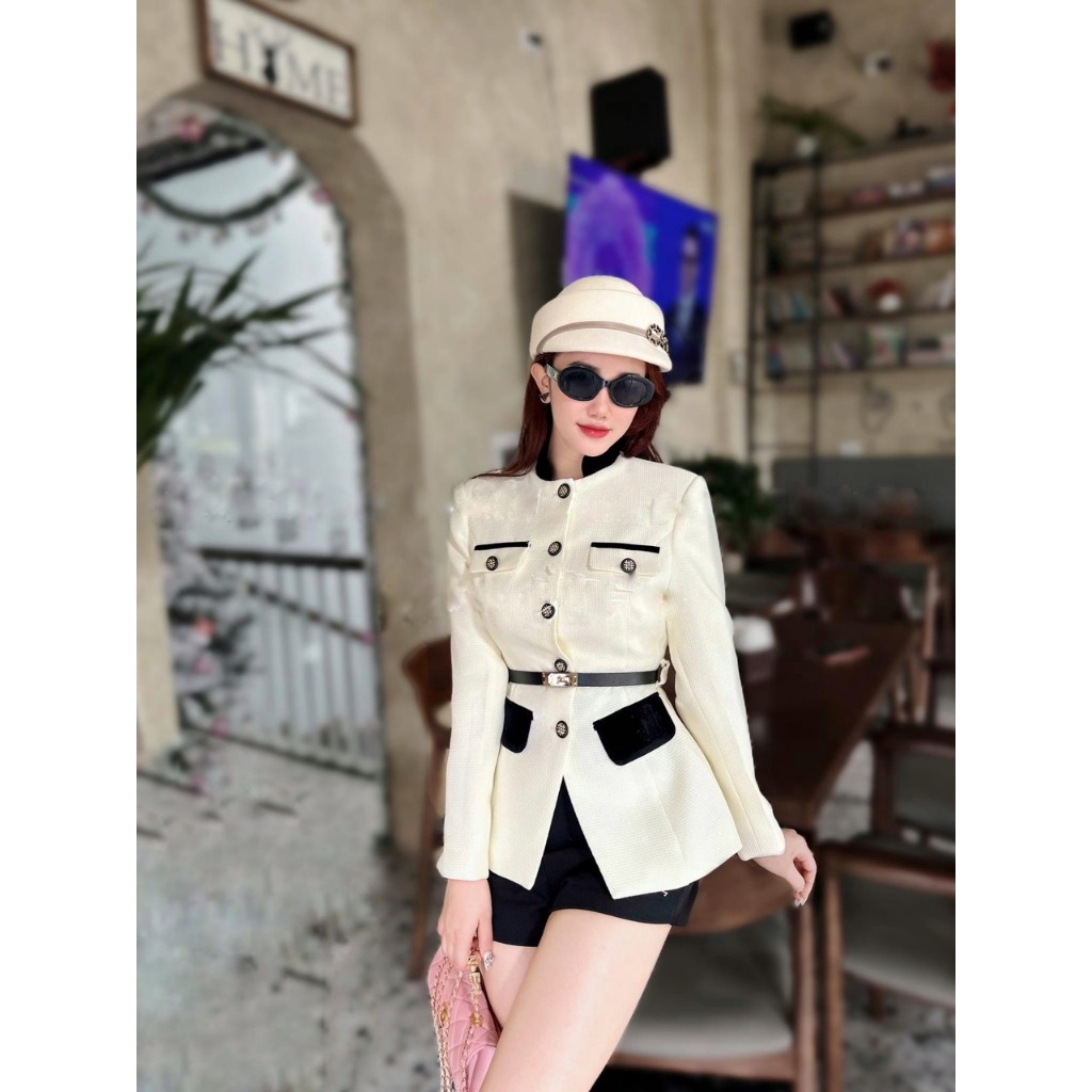 Áo vest dáng ôm chất dạ text ô mặt vuông hàng 2 lớp kèm belt 265