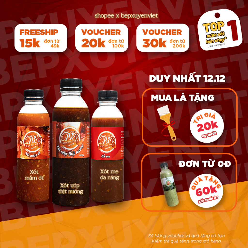 Combo Bữa Ăn Tiện Lợi - Sốt Ướp Thịt Nướng 400g, Sốt Mắm Ớt 400g, Sốt Me 400g Bếp Xuyên Việt