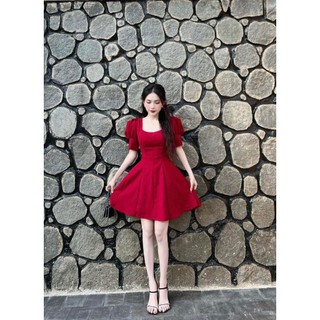 Đầm xòe tiểu thư cổ tròn sâu tay búp, Đầm umi tay búp đỏ trơn ngắn trên đùi form dáng xòe ôm eo tôn dáng tôn da