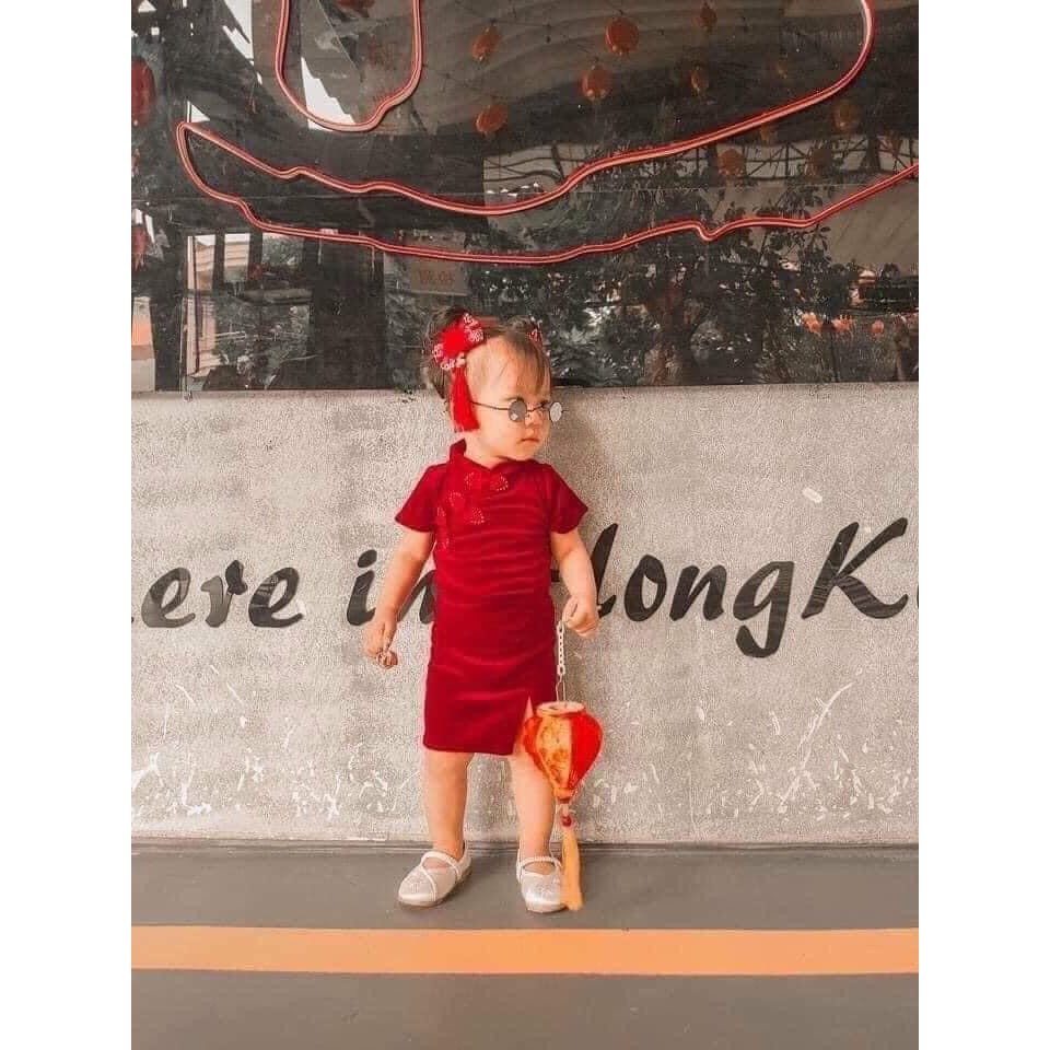 Sườn xám  nhung cổ tàu cho bé gái