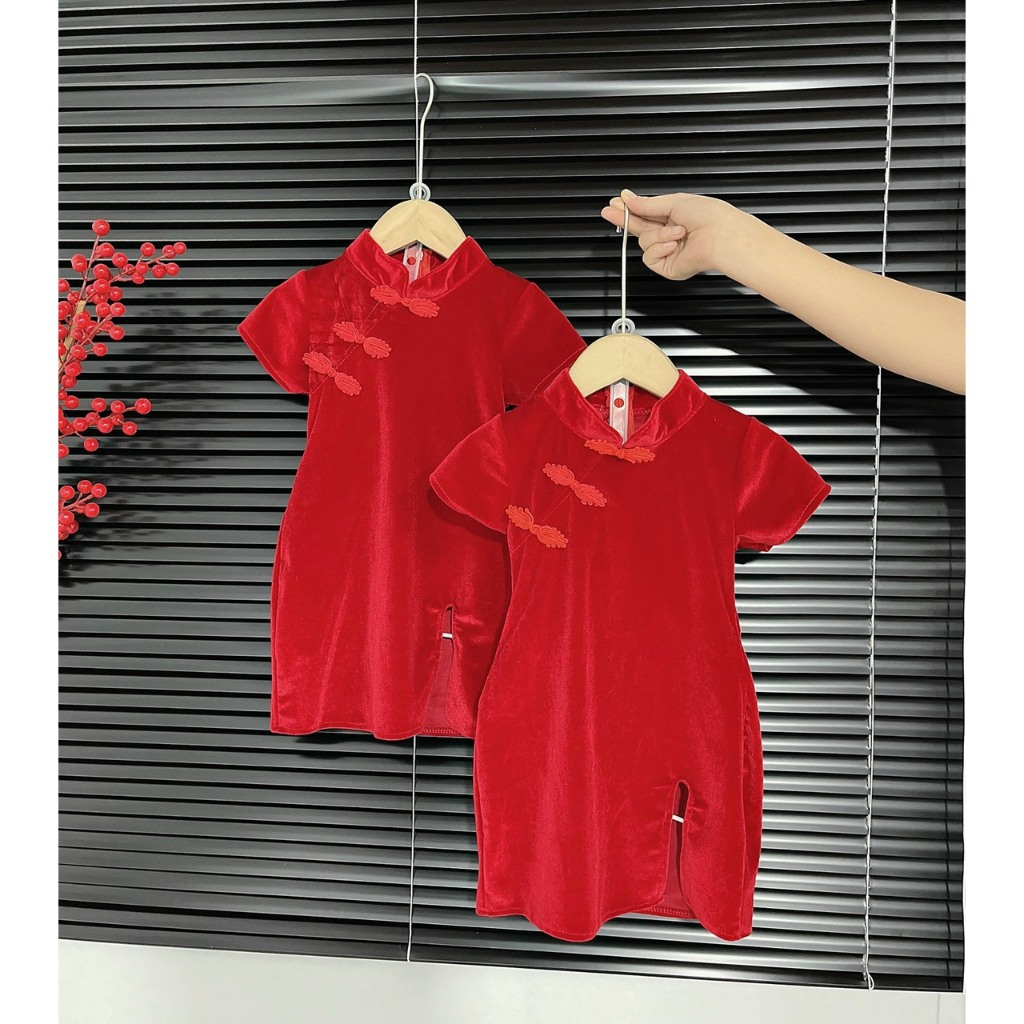 Sườn xám  nhung cổ tàu cho bé gái