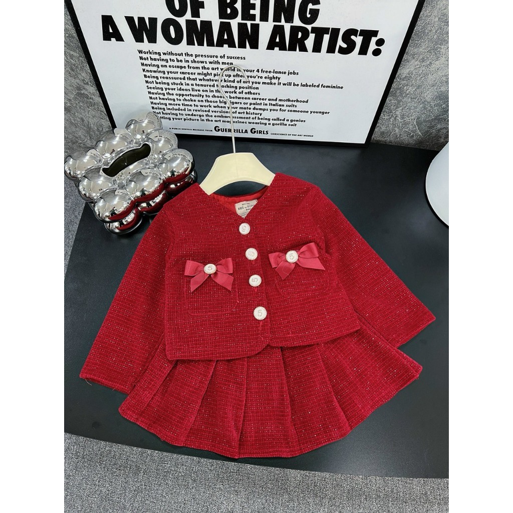 Sét váy dạ nhung cho bé  gái đính 2 nơ cho bé