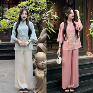 Bộ lam đi chùa, set pháp phục lụa tơ voan cổ tàu dáng suông Bồ Công Anh
