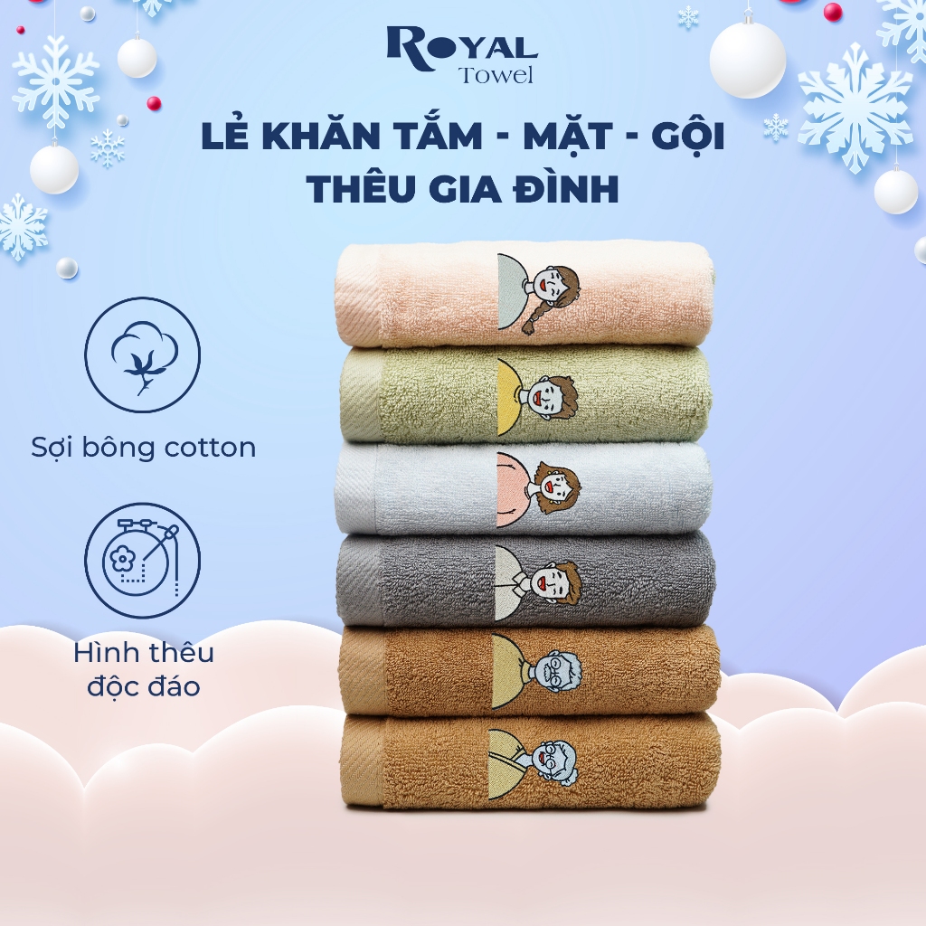 Khăn tắm khăn gội khăn mặt cotton Royal Towel thêu hình gia đình với chất liệu mềm mịn, kháng khuẩn