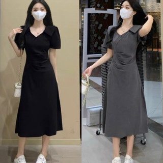 đầm thun gân tăm bigsize 50-95kg B201 cổ bẻ cách điệu đính cúc nhún eo