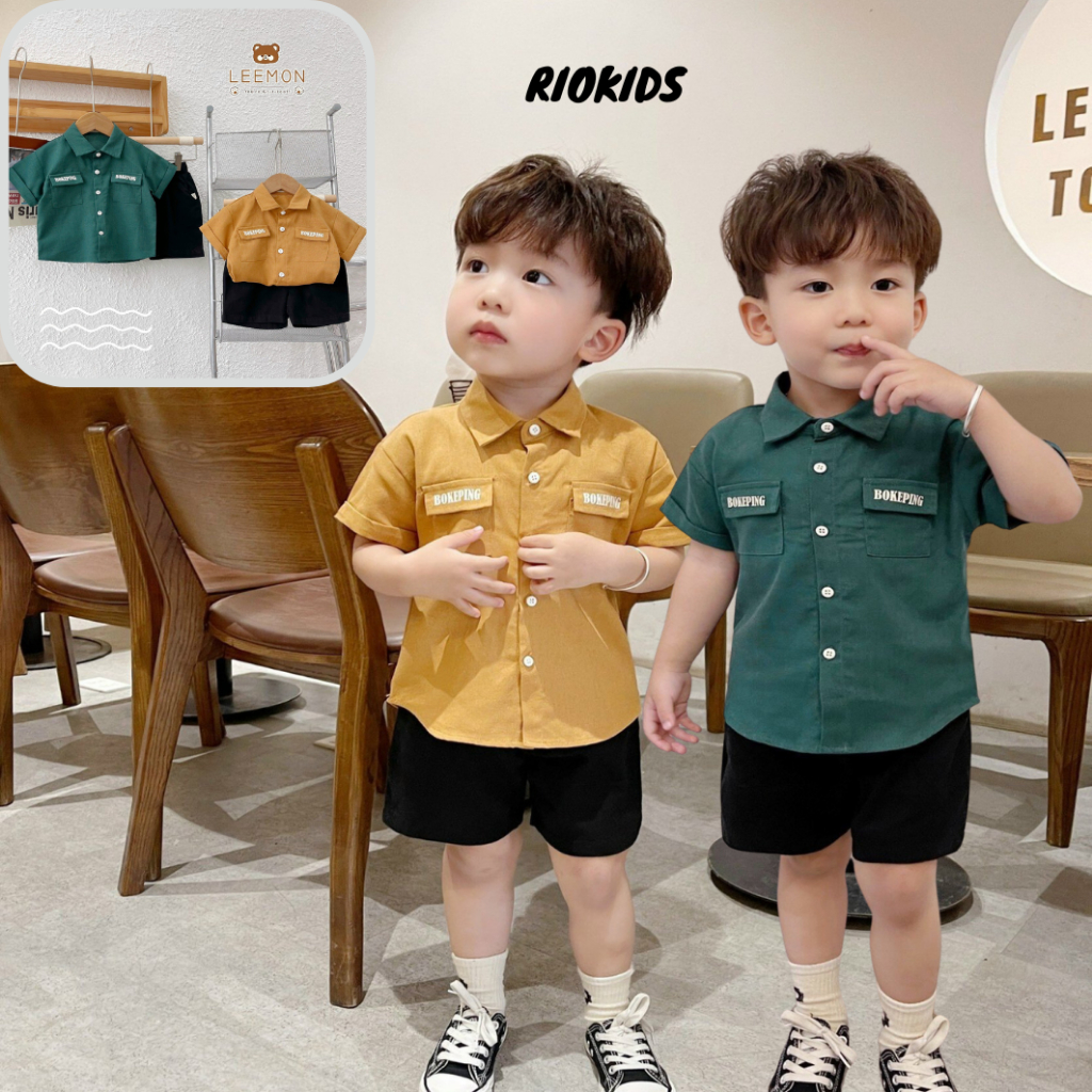 Bộ áo sơ mi công tử quần đùi LEEMON phong cách Hàn Quốc cho bé trai đi chơi đi học BE96