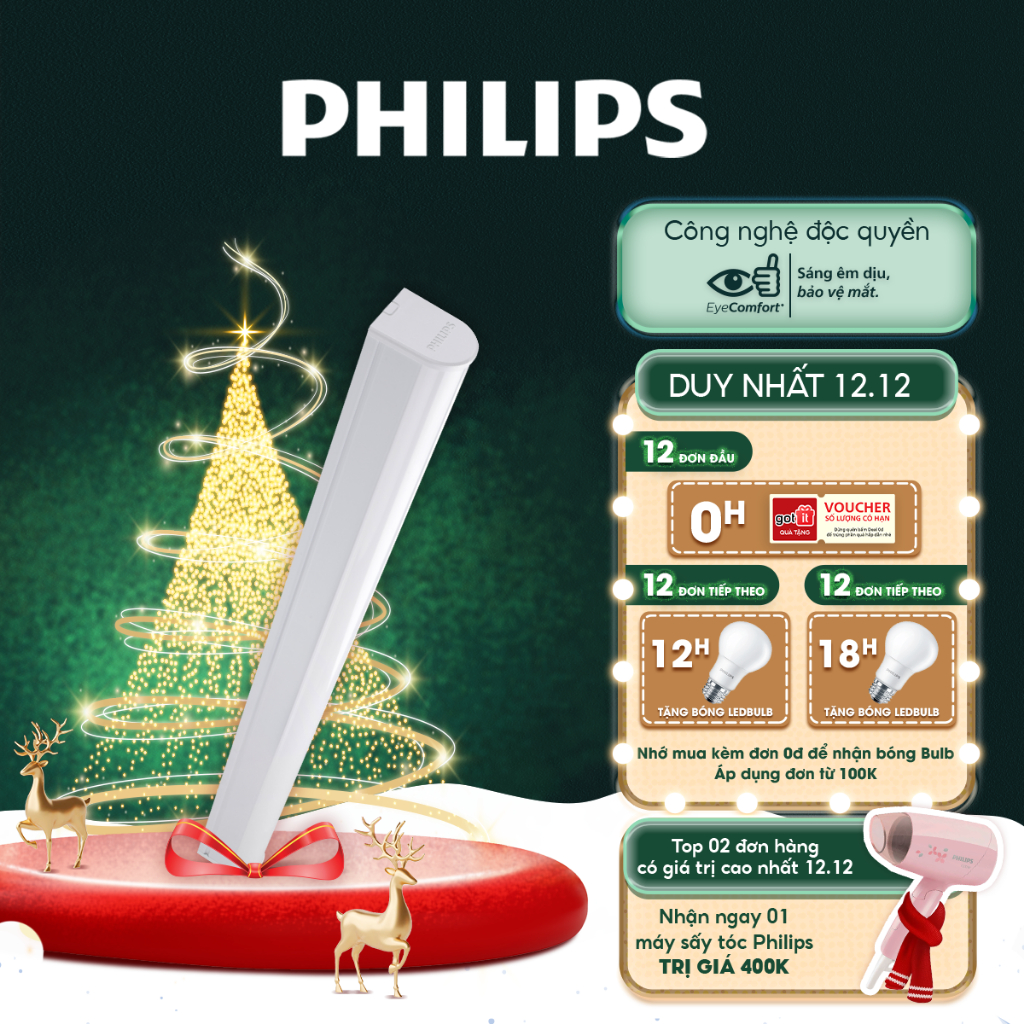 Bộ máng đèn Philips LED batten BN012C LED10/WW - NW L600 TH G2