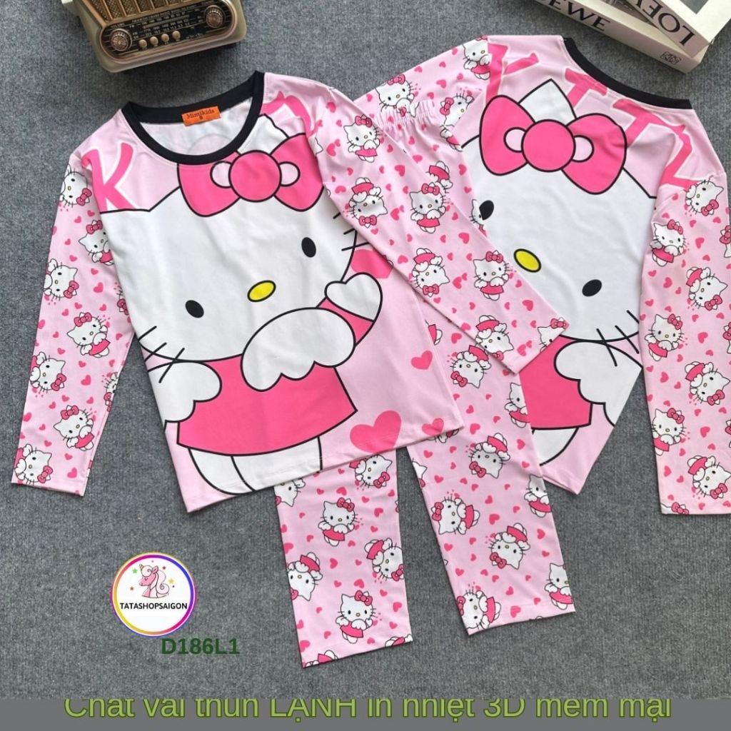 22 đến 45kg Đồ bộ tay dài thun 3D cao cấp cho bé gái size đại D186