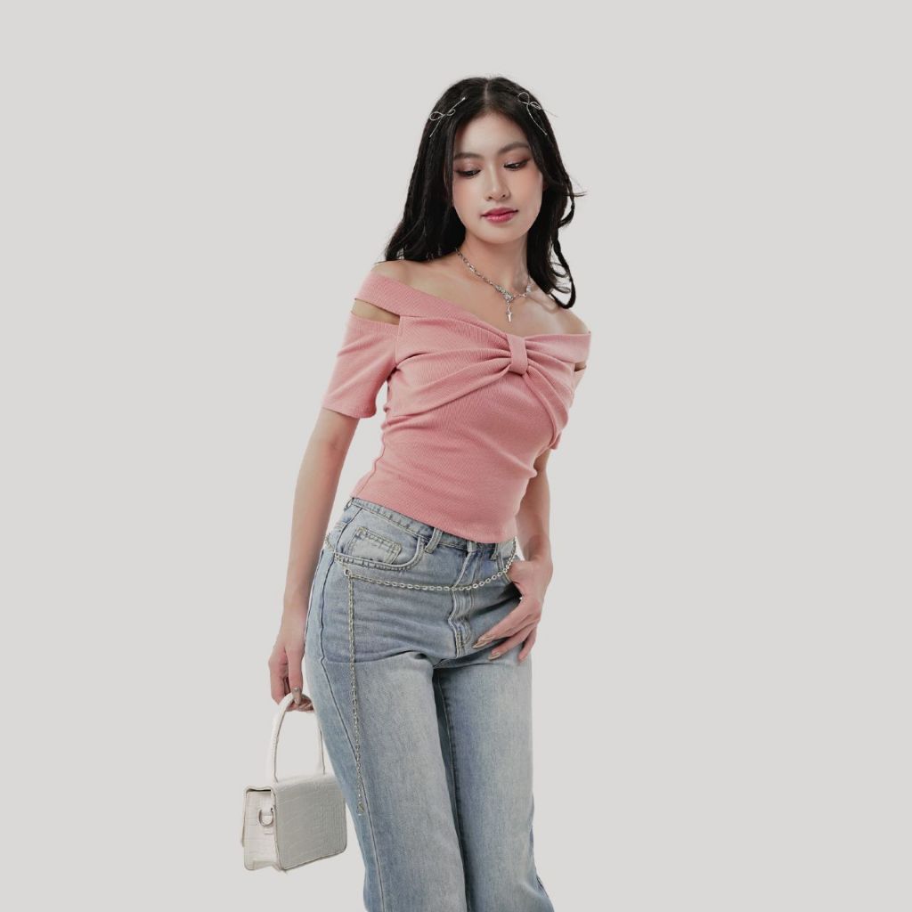 Áo croptop nữ body TOPTIFY bẹt vai nơ ngực Dream Bow Top AC120