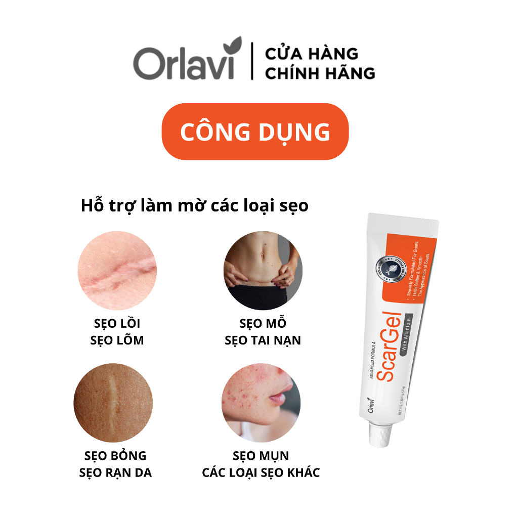 Gel làm mờ sẹo Orlavi Scargel 35ml - giúp mờ sẹo mụn, sẹo phẫu thuật, sẹo bỏng, sẹo thâm, sẹo cũ