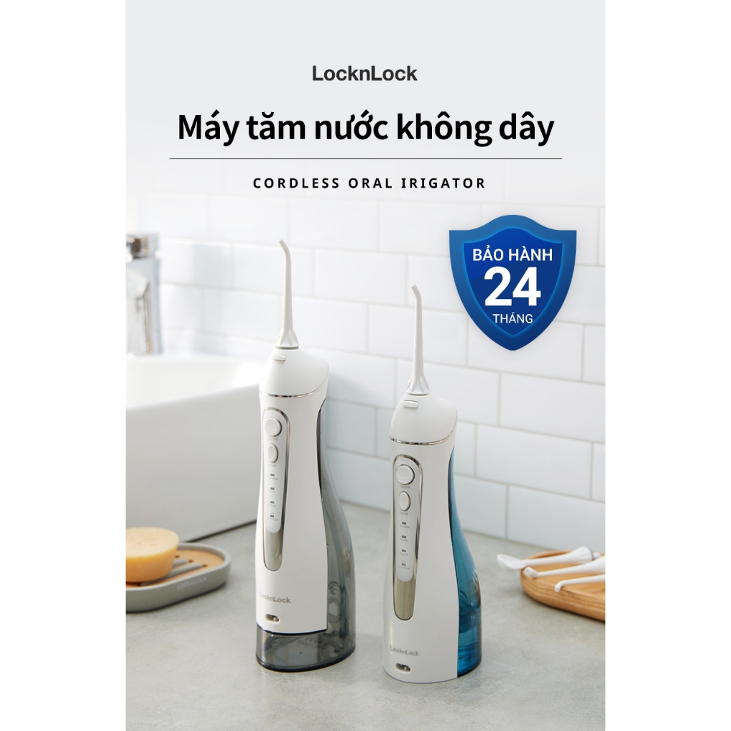 Máy tăm nước không dây LocknLock ENR146WHT ENR166GRY - Chính hãng, dung tích 190ml và 300ml, 4 chế độ vệ sinh - K-MALL