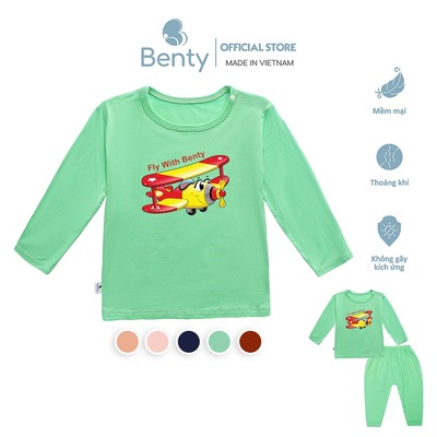 Bộ dài tay cài vai in hình máy bay BENTY BT038 mềm mịn mát, thấm hút mồ hôi, đồ bộ trẻ em cao cấp