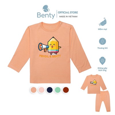 Bộ dài tay cài vai in hình Pencil BENTY BT030 đồ bộ chính hãng, an toàn làn da cho bé trai, bé gái