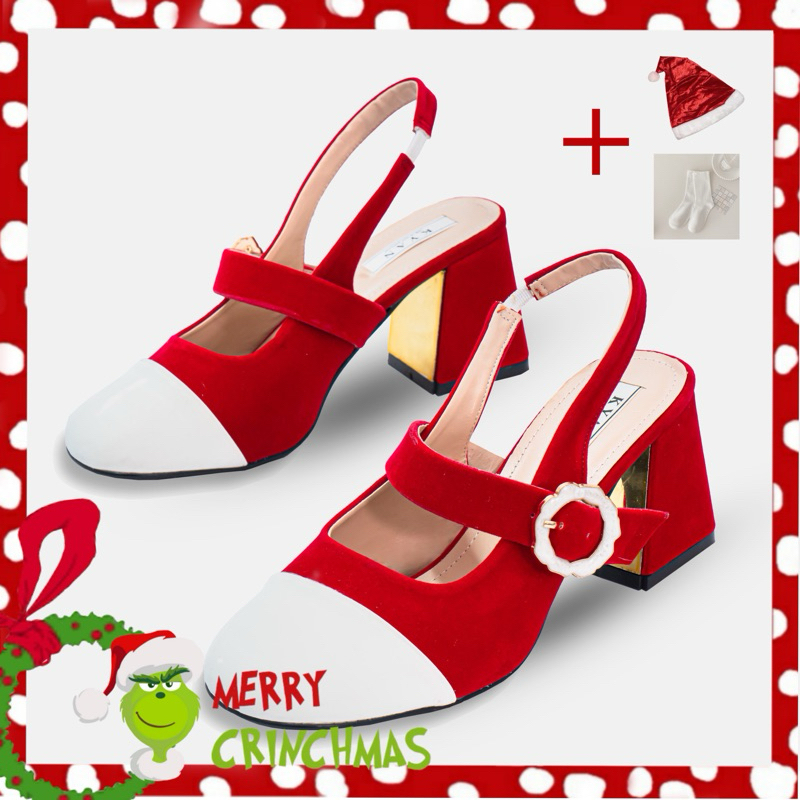 Giày Cao Gót Nữ Đế Trụ Gót Cao 7 Cm Giày Đỏ Chất Liệu Vãi Phối Da Pu Phong Cách Marry Jane Kyan037