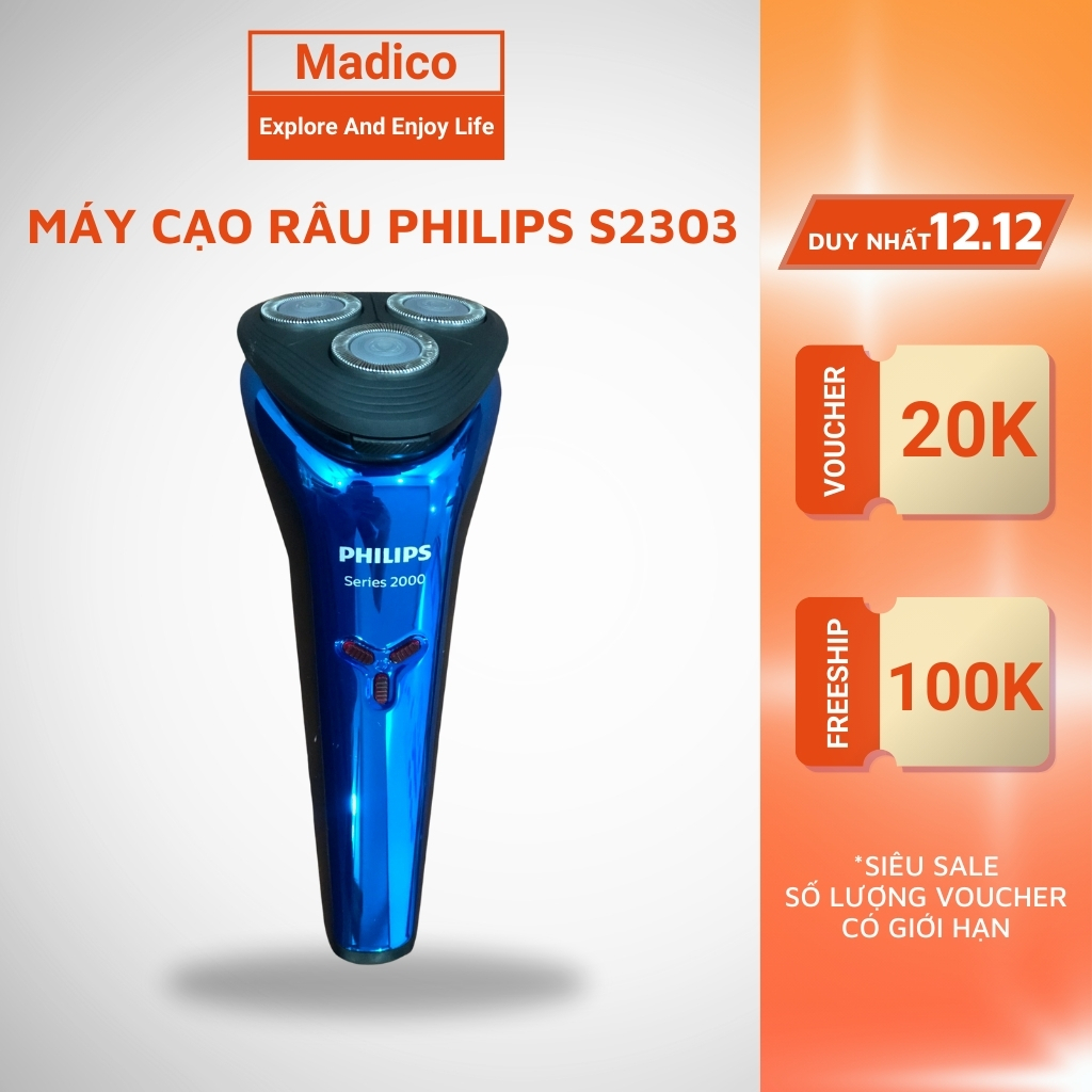 Máy cạo râu điện Philips seri 2000 S2302 S2303 tích hợp sạc nhanh 5 phút - BH 24 tháng - Madico