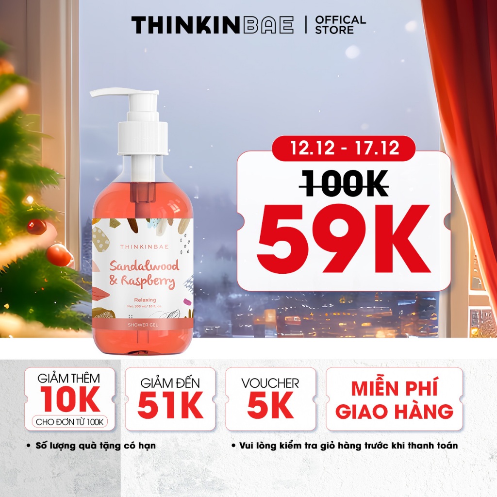 Sữa Tắm Dưỡng Ẩm THINKINBAE Hương SandalWood & Raspberry 300ml x1 Chai