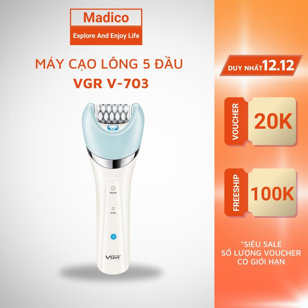 Máy cạo lông điện VGR tích hợp đầu cọ làm sạch da, massage mặt với 5 trong 1 đầu thay thế V-703 BH 12 tháng - madicovn