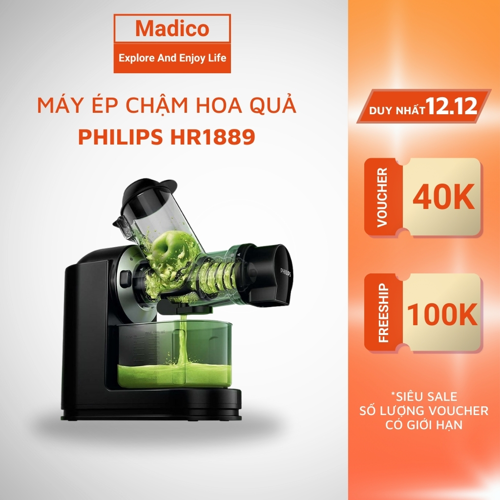 Máy Ép Chậm Philips Trục Ngang HR1889 Ép Đa Năng Trái Cây Hoa Quả 150W Công Nghệ QuickClean BH 24 tháng - madicovn