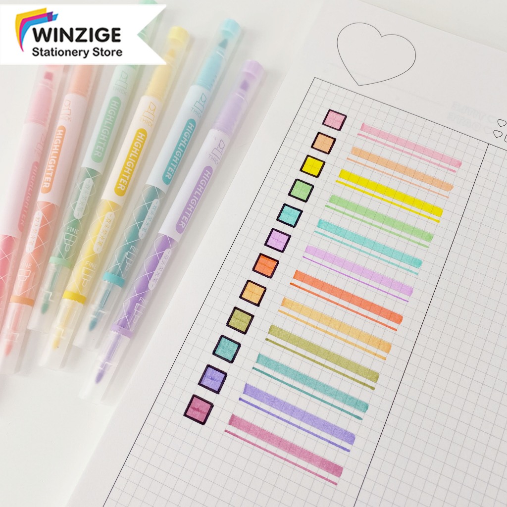 Winzige Set 6 Bút dạ quang 2 dấu highlighter pen pastel morandi nhiều màu marker dễ thương