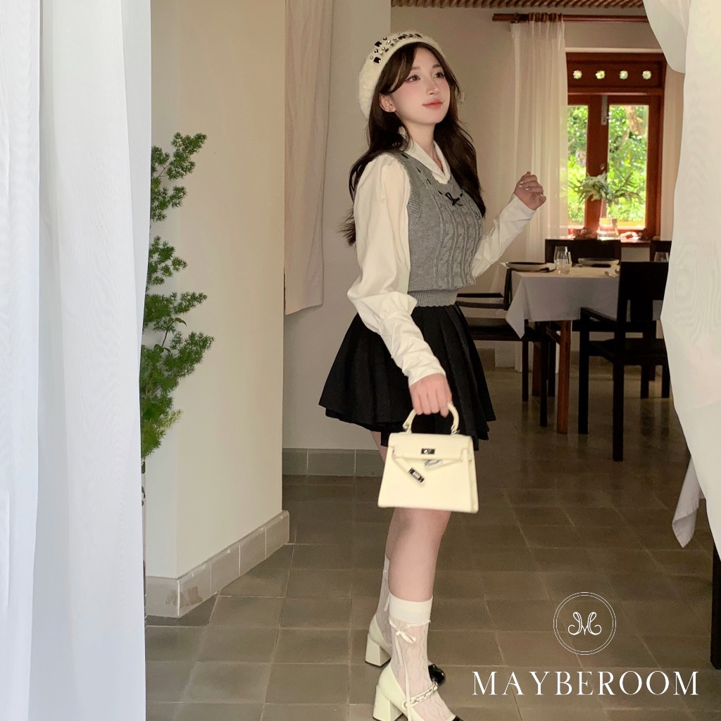 Chân váy xếp ly chữ A 2 tầng cạp cao 2 màu đen trắng có may kèm lót quần Nadia Skirt Mayberoom